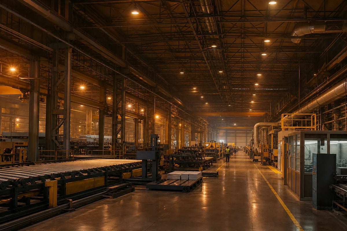 Yüksek tavanlı fabrika içinde bölgesel ısıtma planlanan çalışma alanı