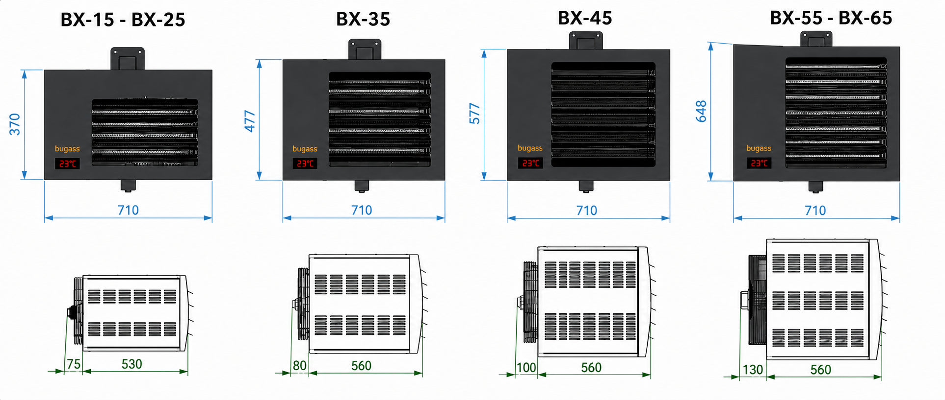 BX-15, BX-25, BX-35, BX-45, BX-55 ve BX-65 modellerinin önden ve yandan ölçülü teknik görünüşleri