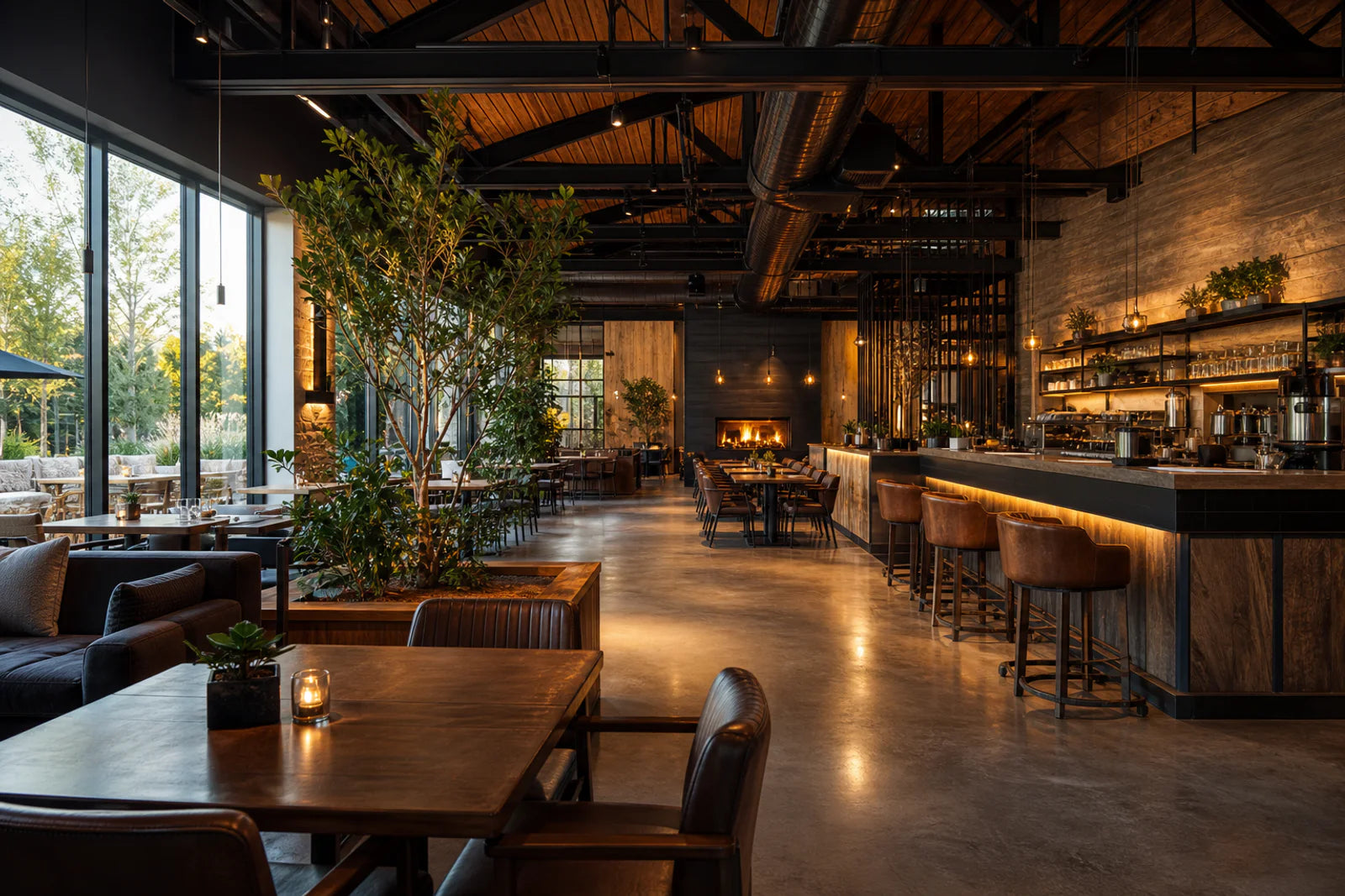 Sıcak aydınlatmalı modern kafe ve restoran iç mekânı