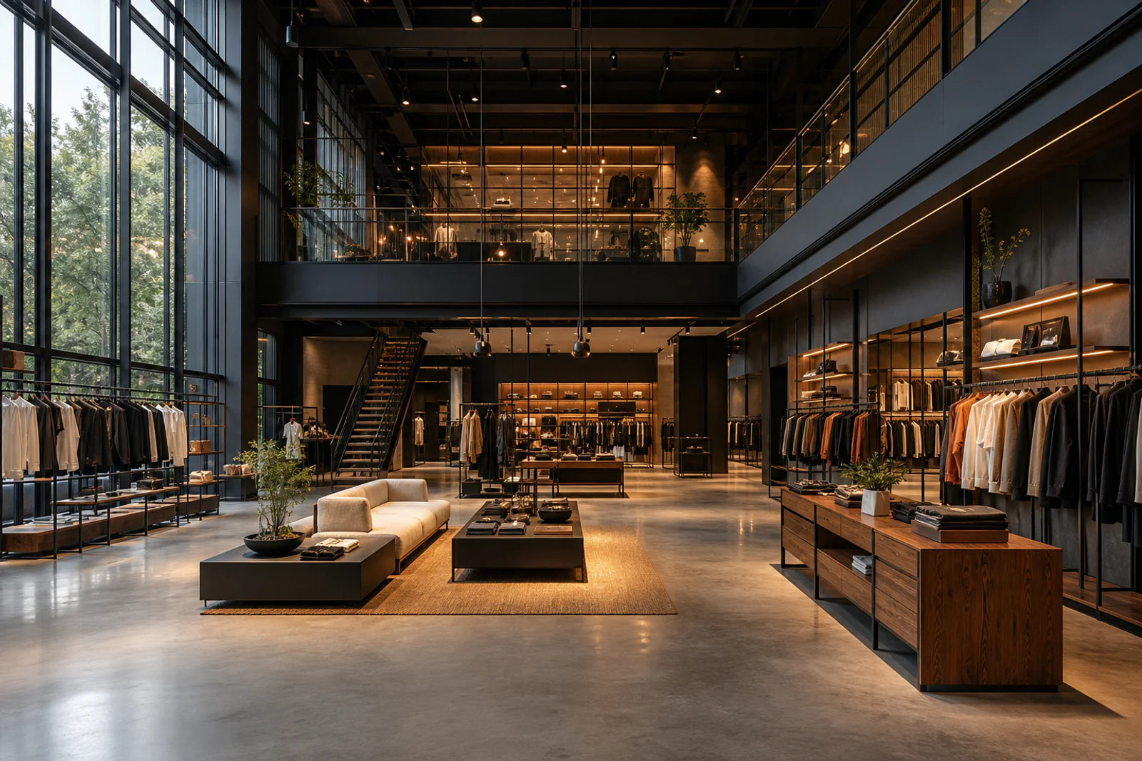 Sıcak aydınlatmalı modern ticari mağaza ve showroom alanı