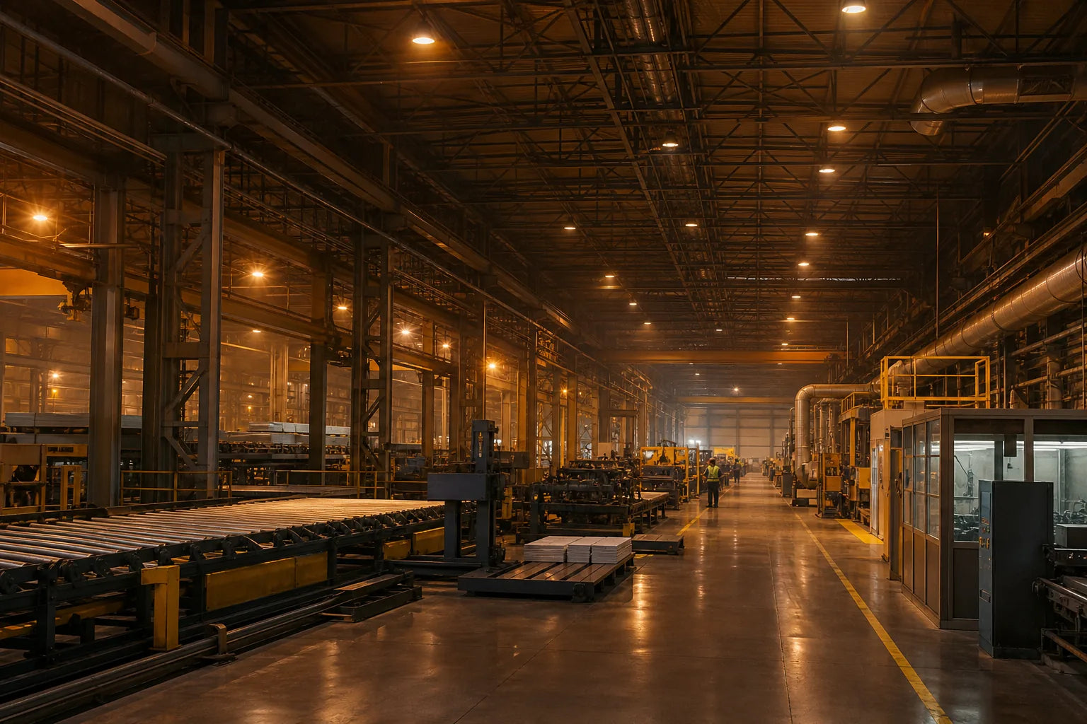 Sıcak ışıklarla aydınlatılmış modern fabrika ve üretim tesisi